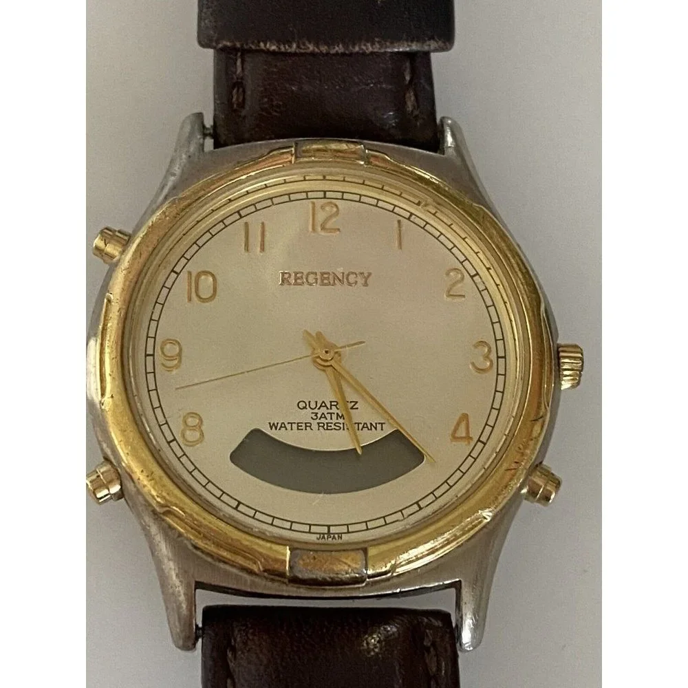 Regency Men's Brown Leather Stainless Steel Water Resistant Quartz Battery Watch